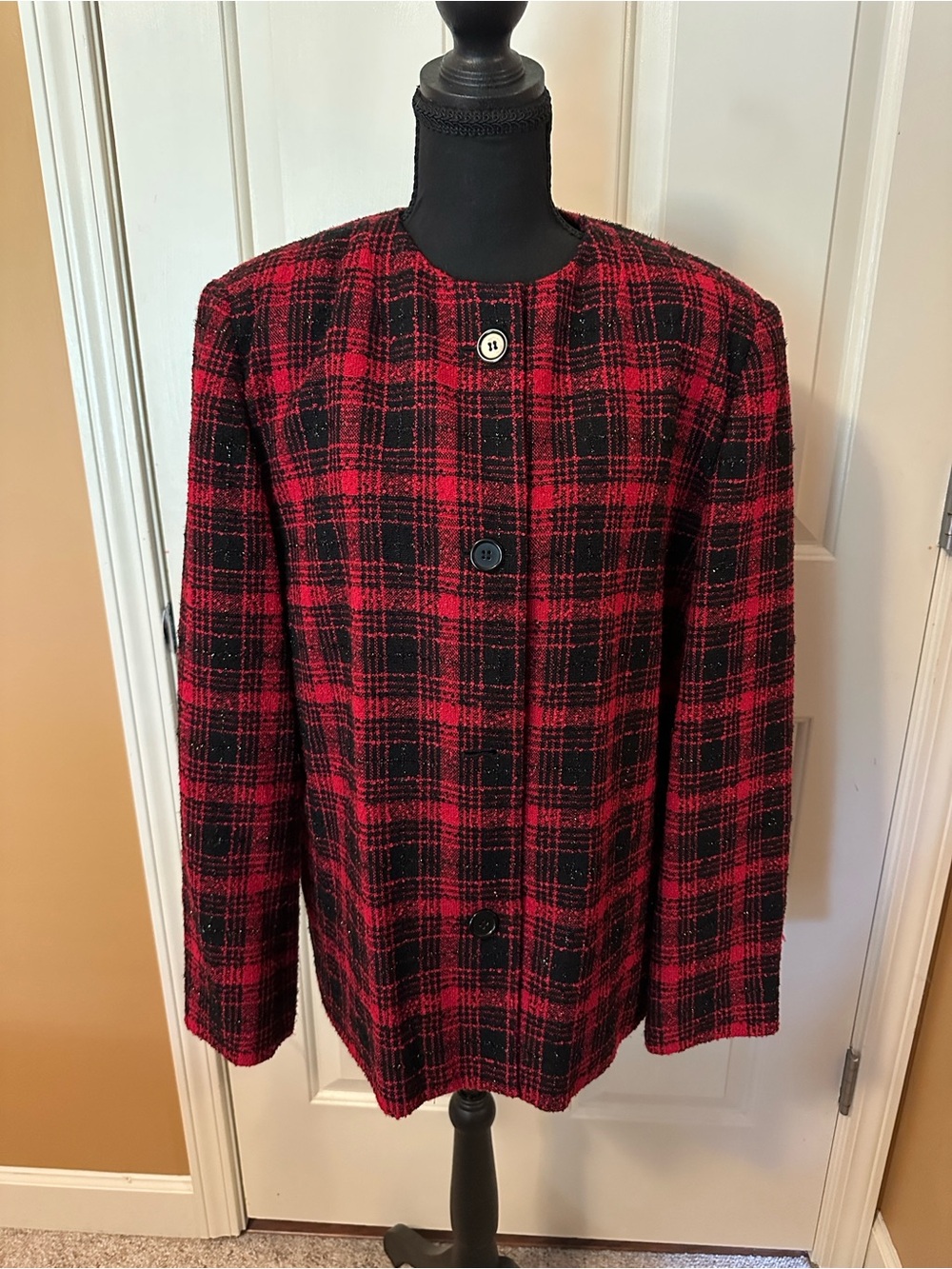 Preston & York Red and Black Plaid Collarless Women's Blazer